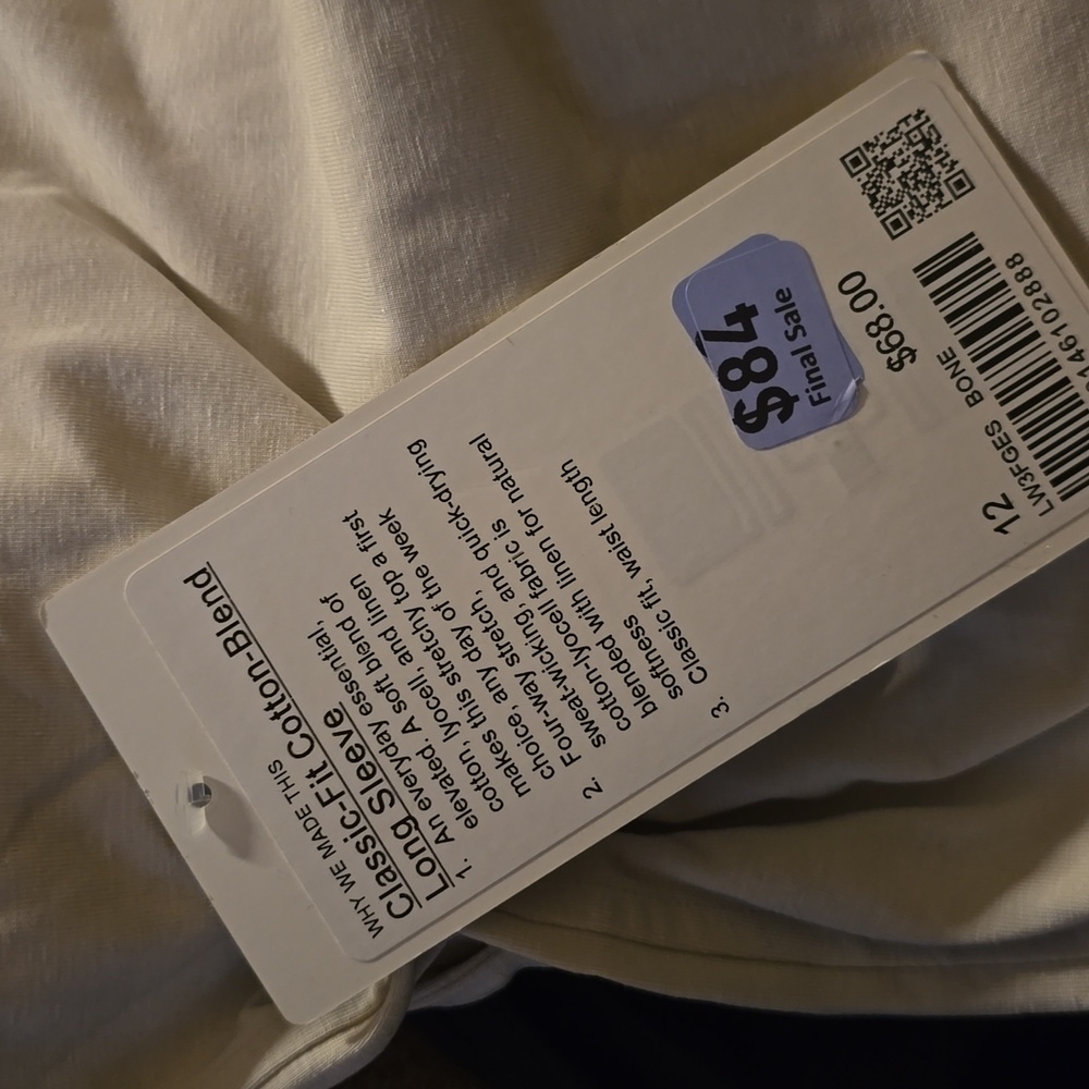 Lululemon Classic-Fit Cotton Blend Long Sleeve Shirt T-Shirt Bone New NWT 12 - Picture 3 of 3